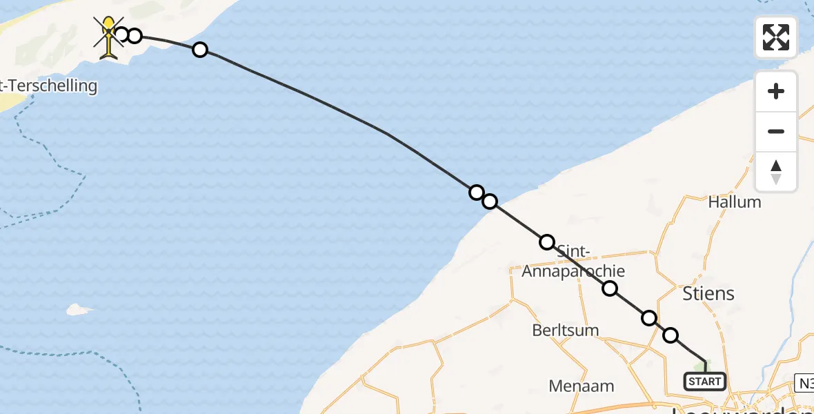 Routekaart van de vlucht: Ambulancehelikopter naar Midsland, Keegsdijkje