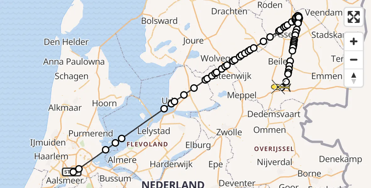 Routekaart van de vlucht: Politiehelikopter naar Vliegveld Hoogeveen, Piet Guilonardweg