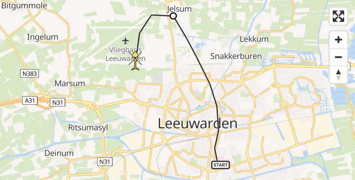 Routekaart van de vlucht: Ambulanceheli naar Vliegbasis Leeuwarden, Achter de Hoven