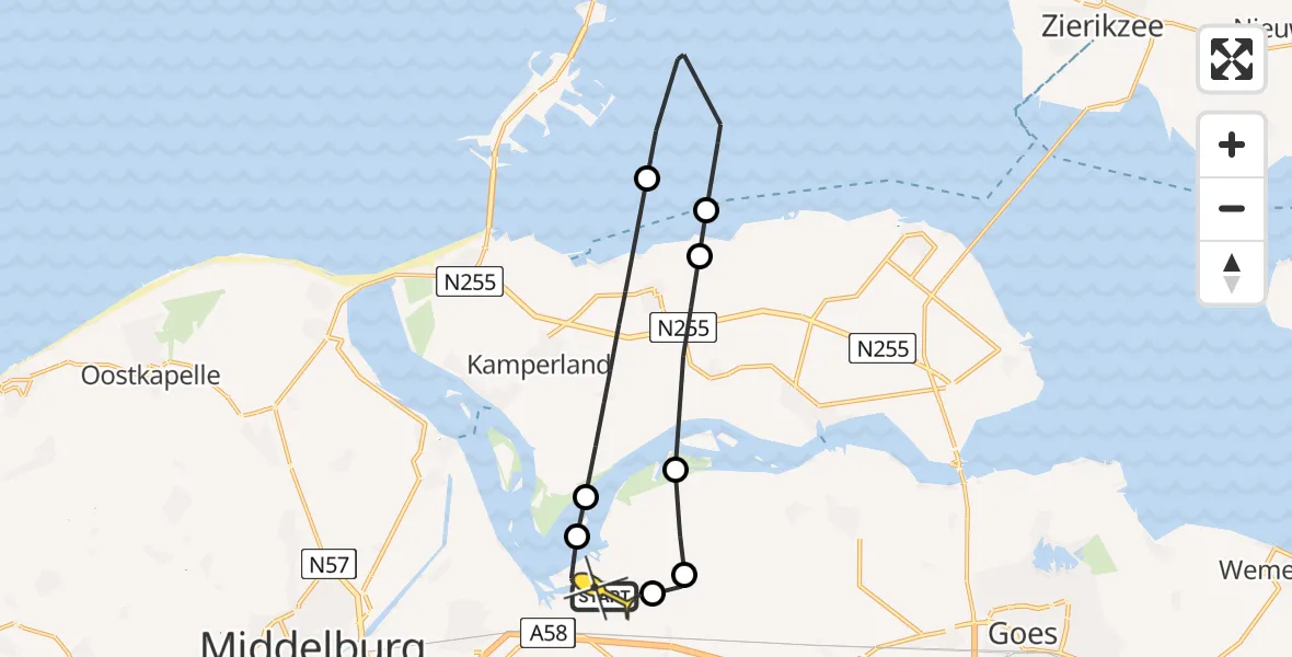 Routekaart van de vlucht: Kustwachthelikopter naar Vliegveld Midden-Zeeland, Oranjeplaatweg