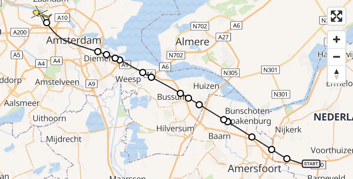 Routekaart van de vlucht: Lifeliner 1 naar Amsterdam Heliport, Hoevelakenseweg