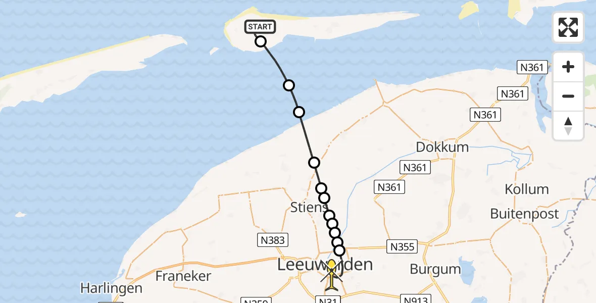 Routekaart van de vlucht: Ambulancehelikopter naar Leeuwarden, Pietje Miedeweg