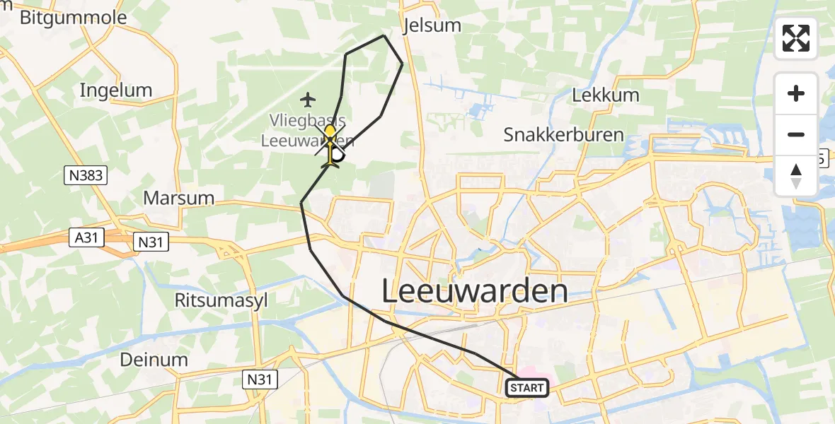 Routekaart van de vlucht: Ambulancehelikopter naar Vliegbasis Leeuwarden, Hobbemastraat