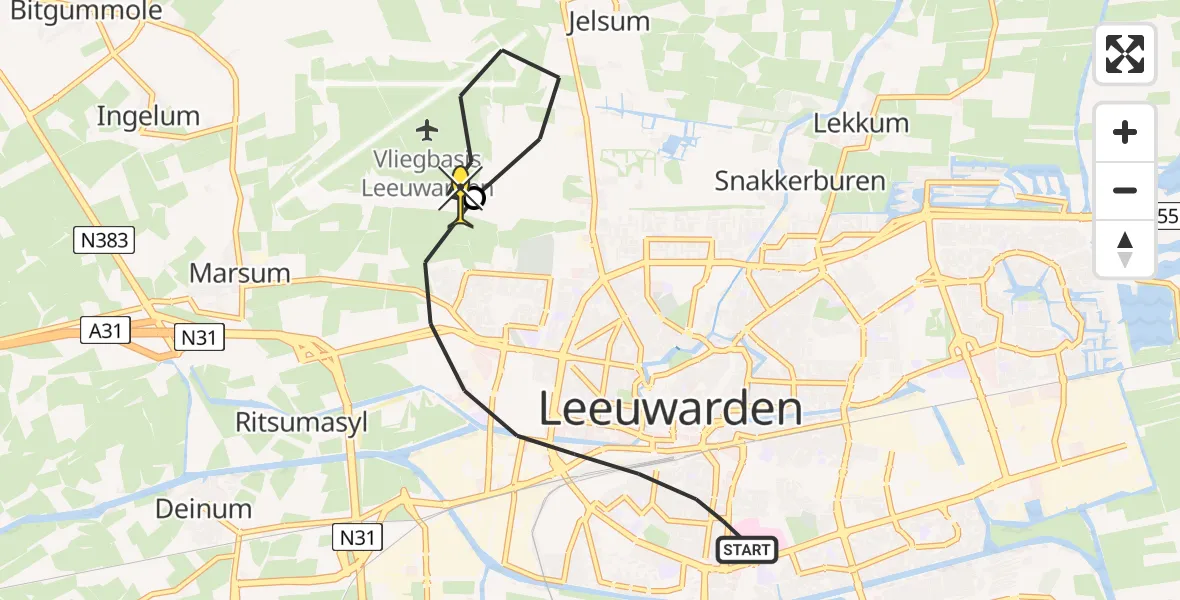 Routekaart van de vlucht: Ambulanceheli naar Vliegbasis Leeuwarden, Wijnhornsterstraat