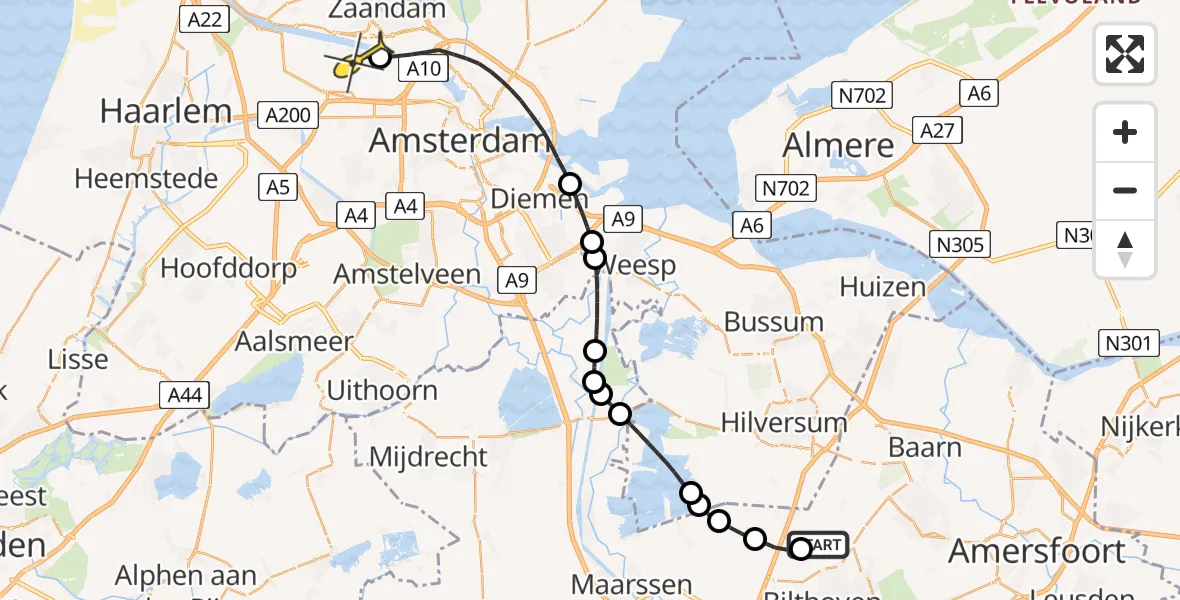 Routekaart van de vlucht: Lifeliner 1 naar Amsterdam Heliport, Dorpsweg