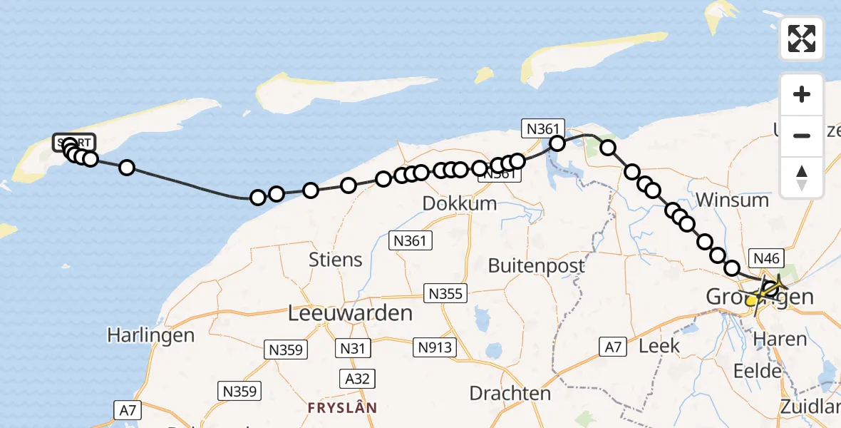 Routekaart van de vlucht: Lifeliner 4 naar Universitair Medisch Centrum Groningen, Vluchtweg