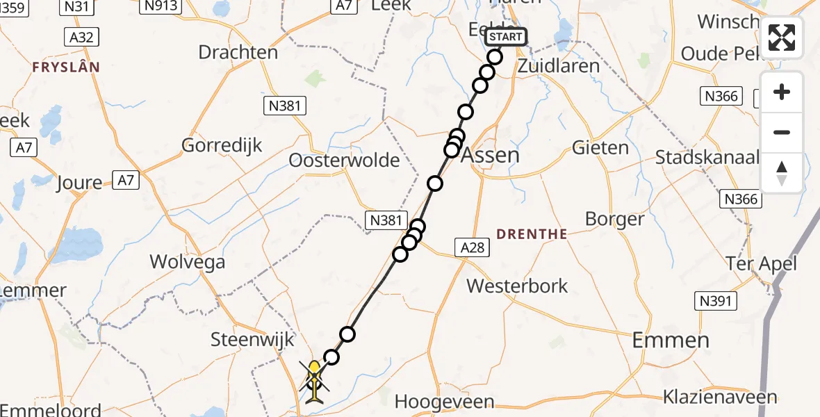 Routekaart van de vlucht: Lifeliner 4 naar Ruinerwold, Norgerweg