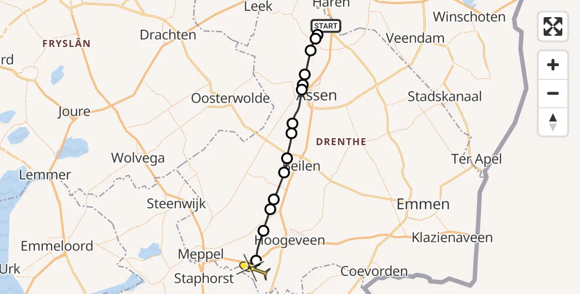 Routekaart van de vlucht: Lifeliner 4 naar Veeningen, Veldkampweg