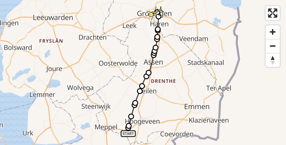 Routekaart van de vlucht: Lifeliner 4 naar Universitair Medisch Centrum Groningen, Oeverweg