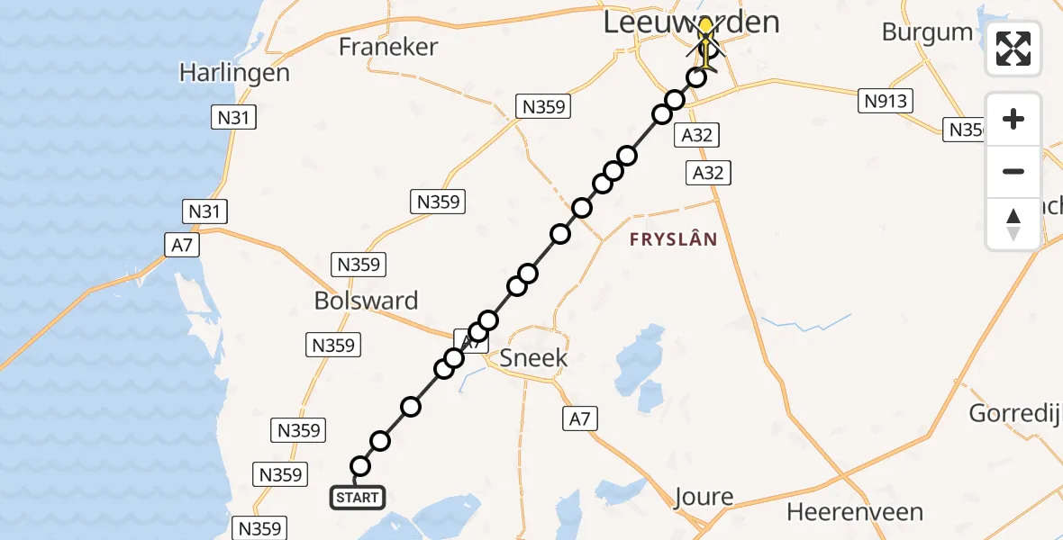 Routekaart van de vlucht: Ambulancehelikopter naar Leeuwarden, Ringwiel