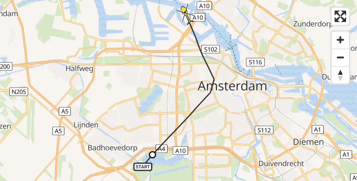 Routekaart van de vlucht: Politieheli naar Amsterdam, Johan Huizingalaan