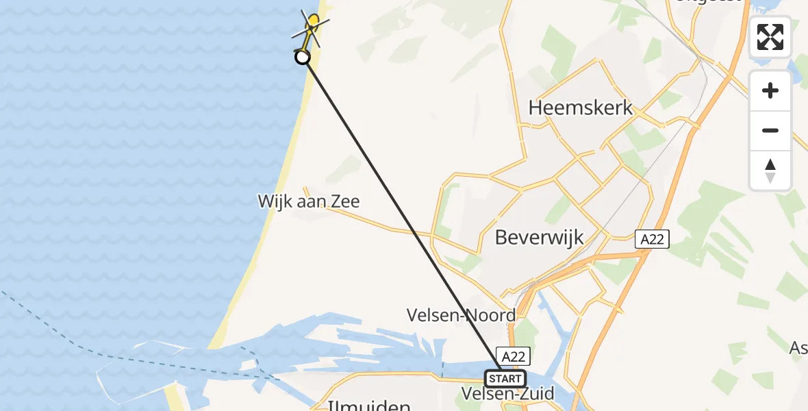 Routekaart van de vlucht: Politieheli naar Heemskerk, Kruisbergstrand
