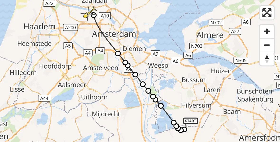 Routekaart van de vlucht: Lifeliner 1 naar Amsterdam Heliport, Rading