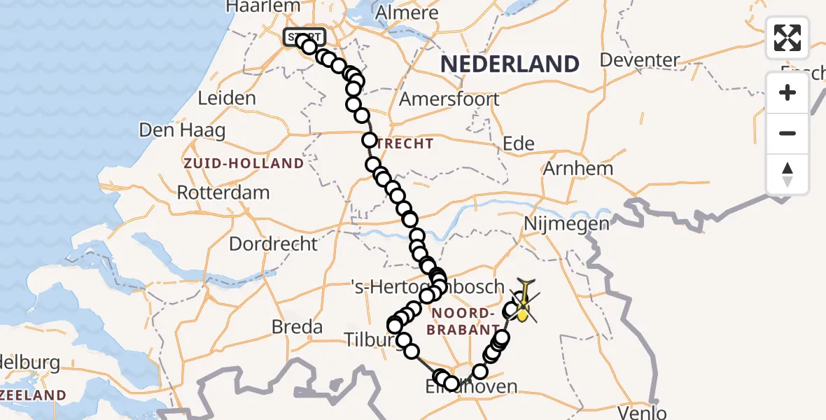 Vluchtroute Politiehelikopter van Schiphol naar Vliegbasis Volkel