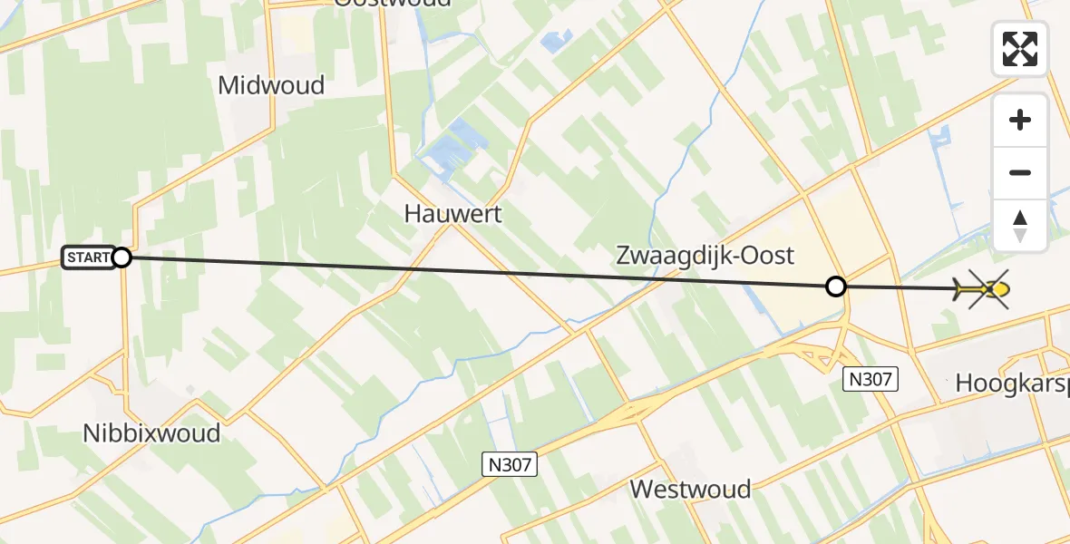 Routekaart van de vlucht: Politieheli naar Hoogkarspel, Graanmarkt