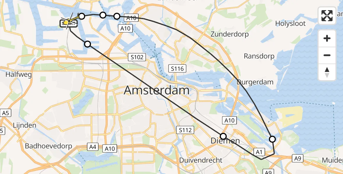 Routekaart van de vlucht: Lifeliner 1 naar Amsterdam Heliport, Corsicaweg