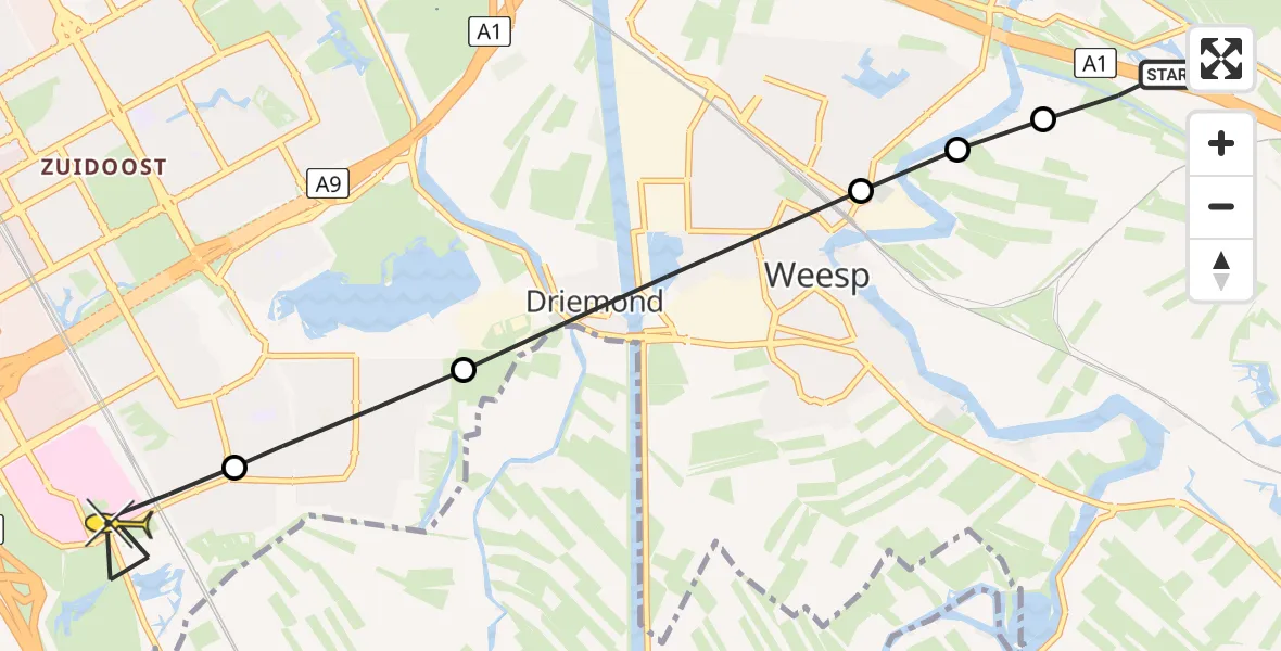Routekaart van de vlucht: Lifeliner 1 naar Academisch Medisch Centrum (AMC), Lange Muiderweg