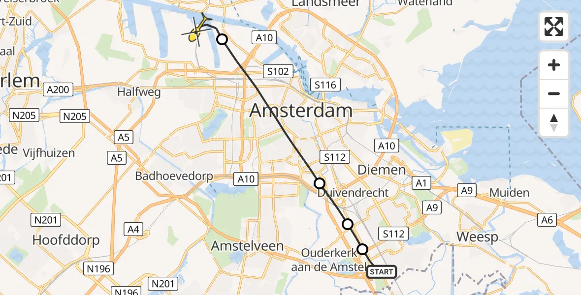 Routekaart van de vlucht: Lifeliner 1 naar Amsterdam Heliport, Abcouderstraatweg