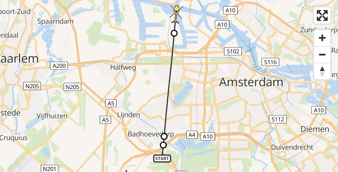 Routekaart van de vlucht: Politieheli naar Amsterdam Heliport, Sportpark Sloten