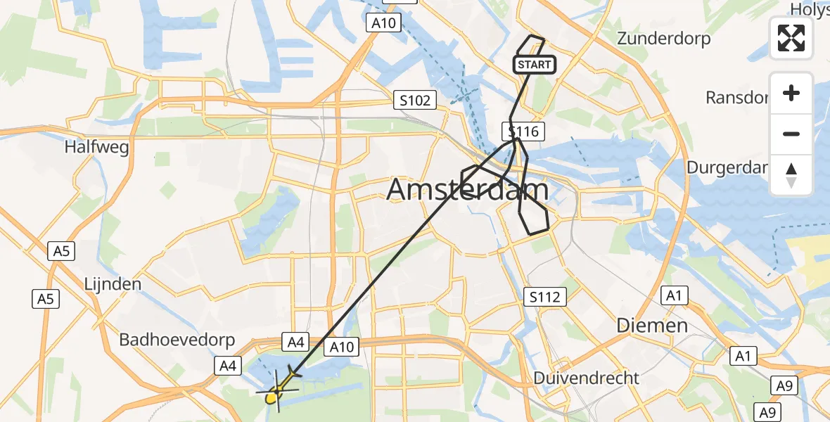 Vluchtroute Politiehelikopter van Amsterdam naar Amsterdam