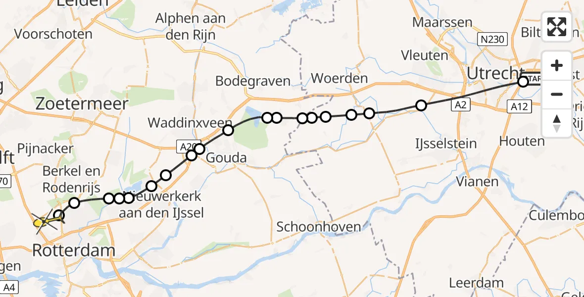 Routekaart van de vlucht: Lifeliner 2 naar Rotterdam The Hague Airport, UMC Ambulancetunnel