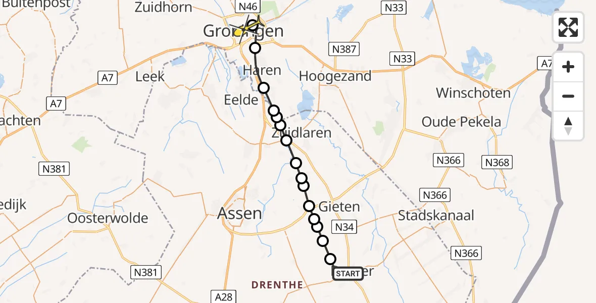 Routekaart van de vlucht: Lifeliner 4 naar Universitair Medisch Centrum Groningen, Vorrelsweg