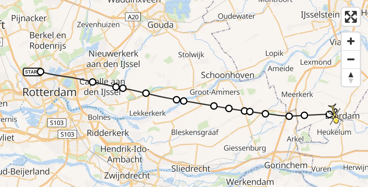 Routekaart van de vlucht: Lifeliner 2 naar Leerdam, G.K. van Hogendorpweg