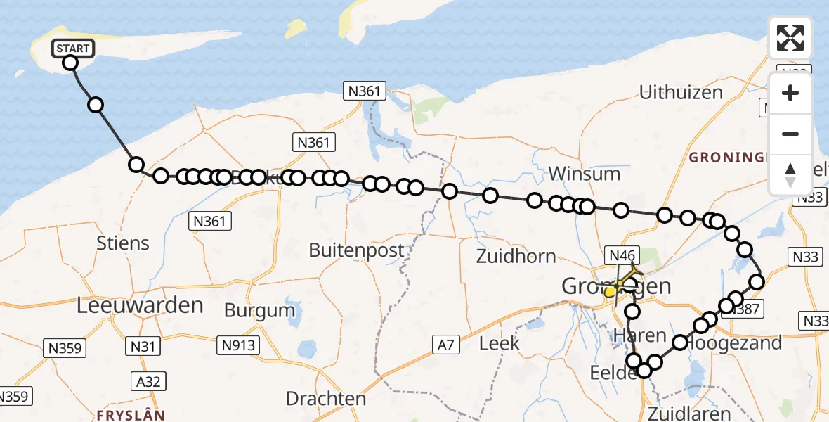 Routekaart van de vlucht: Ambulanceheli naar Universitair Medisch Centrum Groningen, Galgeslootpad