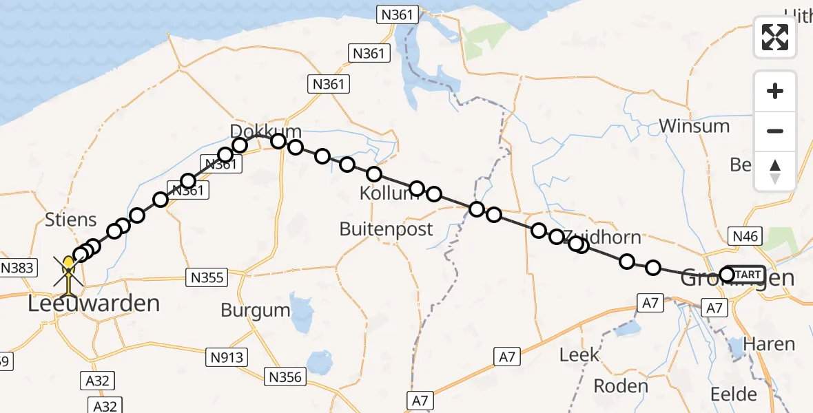 Routekaart van de vlucht: Ambulancehelikopter naar Vliegbasis Leeuwarden, Leliesingel