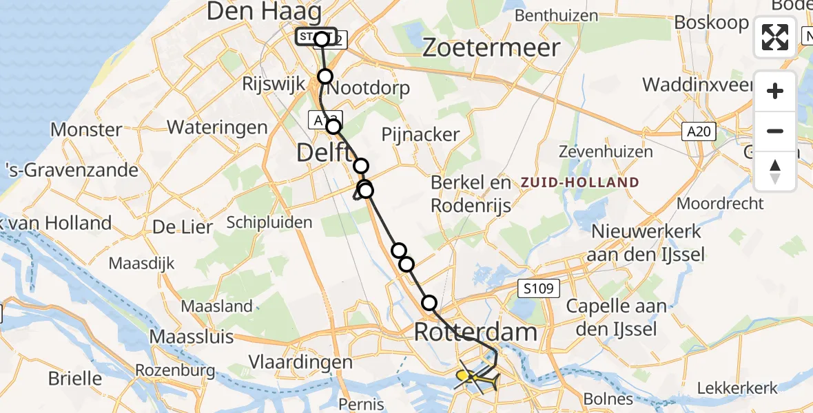 Routekaart van de vlucht: Politieheli naar Rotterdam, Delft-Zuid