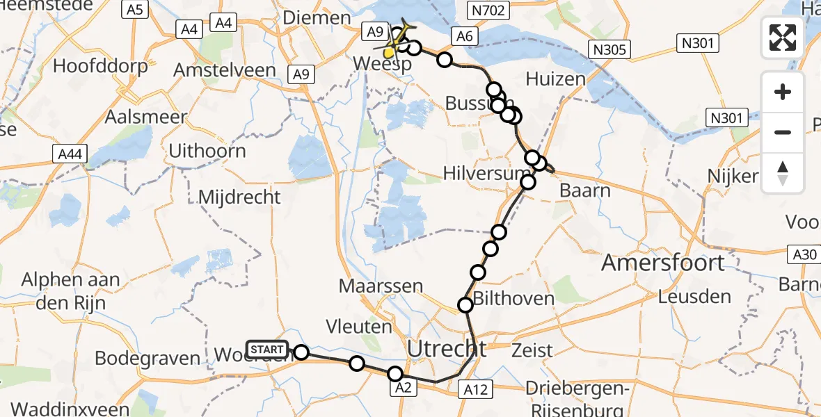 Routekaart van de vlucht: Politiehelikopter naar Muiden, Volkstuin Woerden
