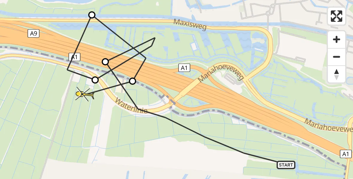 Routekaart van de vlucht: Politiehelikopter naar Weesp, Maxisweg