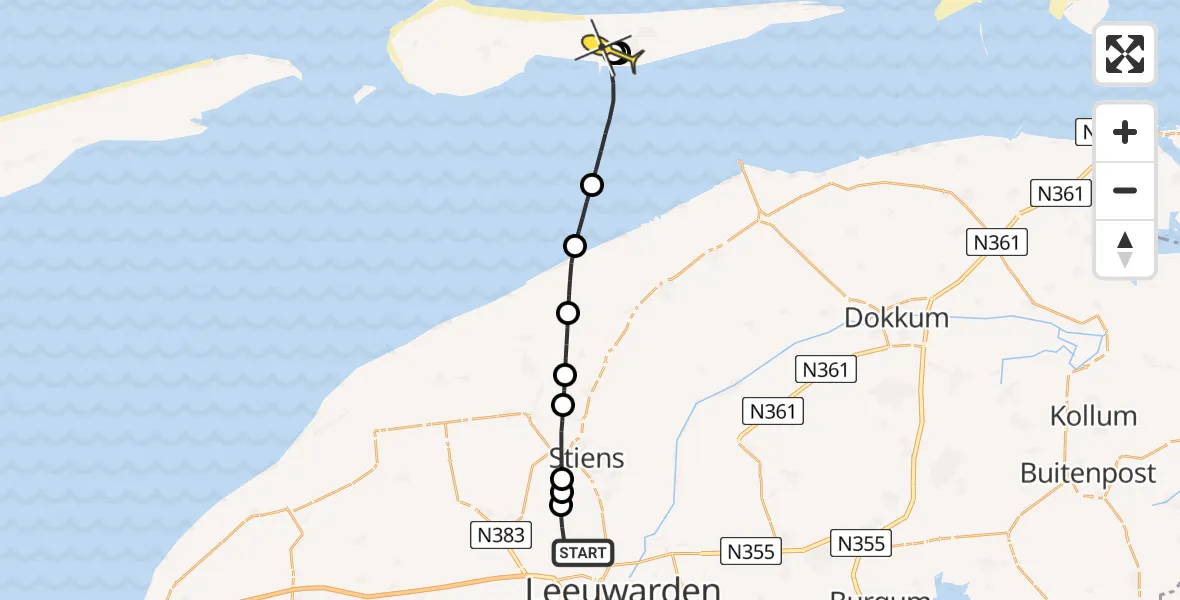 Routekaart van de vlucht: Ambulancehelikopter naar Nes, Keegsdijkje