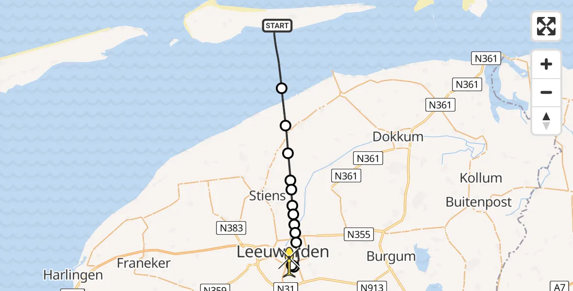 Routekaart van de vlucht: Ambulanceheli naar Leeuwarden, Veerweg