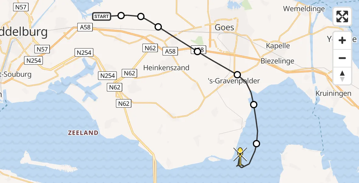 Routekaart van de vlucht: Kustwachthelikopter naar Baarland, Calandweg