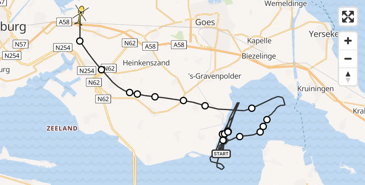 Routekaart van de vlucht: Kustwachthelikopter naar Vliegveld Midden-Zeeland, Havenstraat