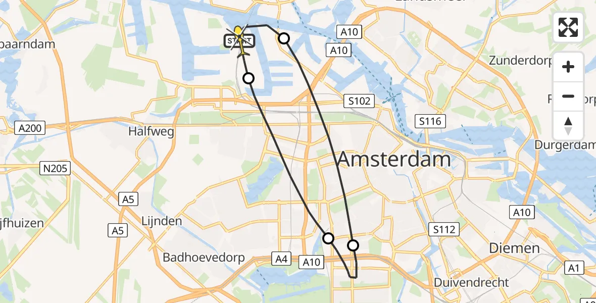Routekaart van de vlucht: Lifeliner 1 naar Amsterdam Heliport, Hemweg