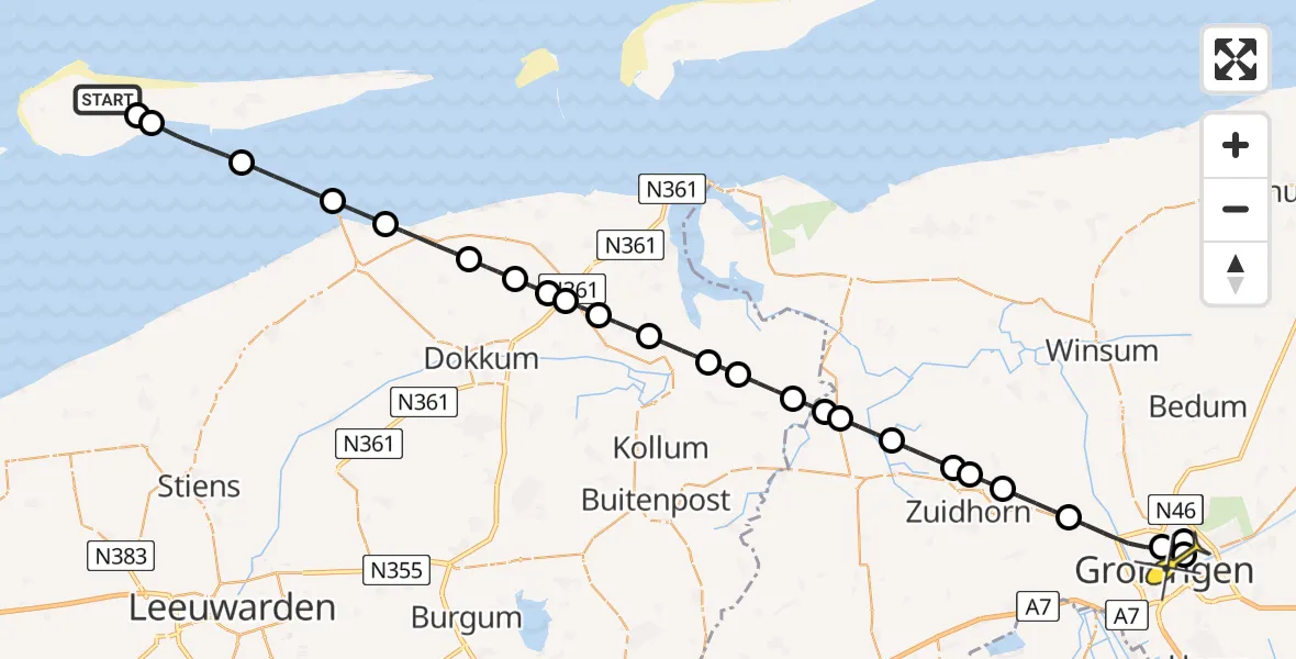 Routekaart van de vlucht: Ambulanceheli naar Universitair Medisch Centrum Groningen, Verbindingsweg