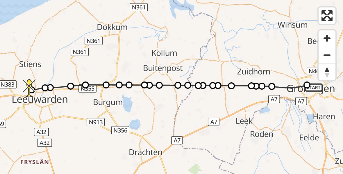 Routekaart van de vlucht: Ambulancehelikopter naar Vliegbasis Leeuwarden, Vrydemalaan
