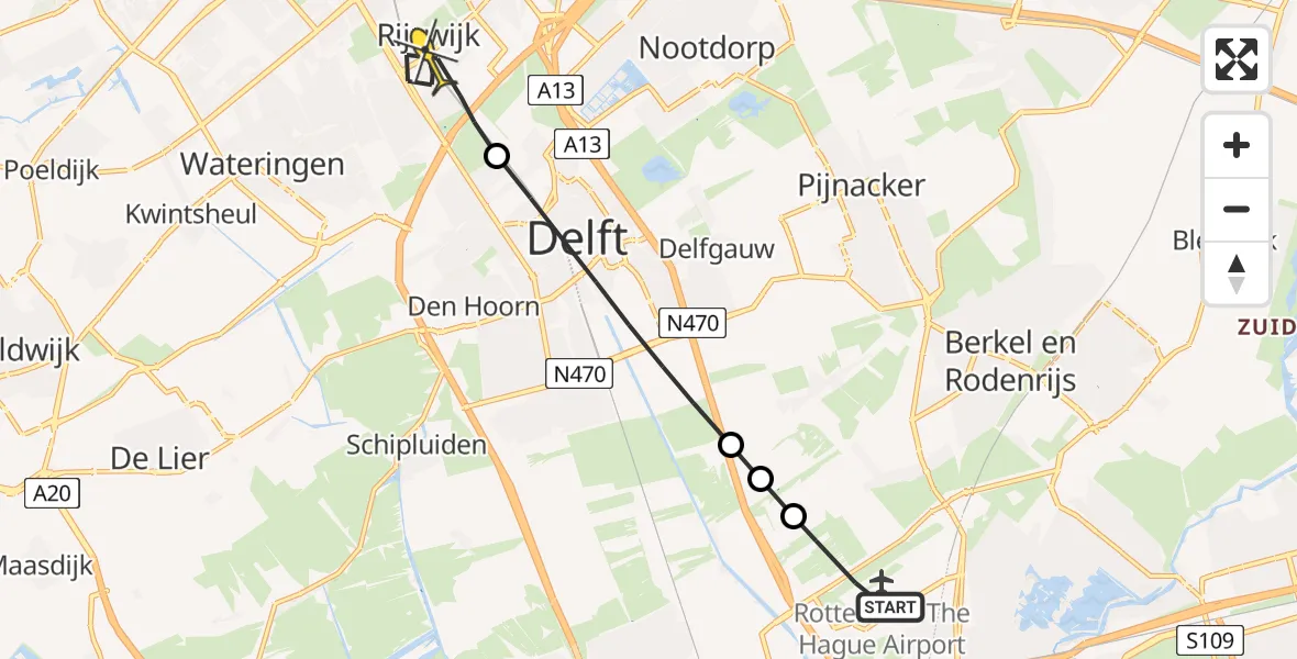 Routekaart van de vlucht: Lifeliner 2 naar Rijswijk, Schieveense polder