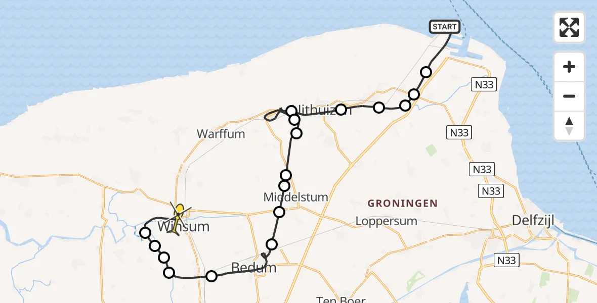 Routekaart van de vlucht: Politiehelikopter naar Winsum, Westlob