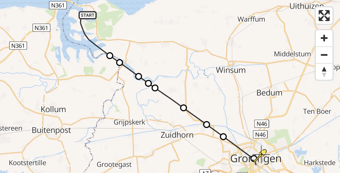Routekaart van de vlucht: Ambulancehelikopter naar Universitair Medisch Centrum Groningen, De Rug