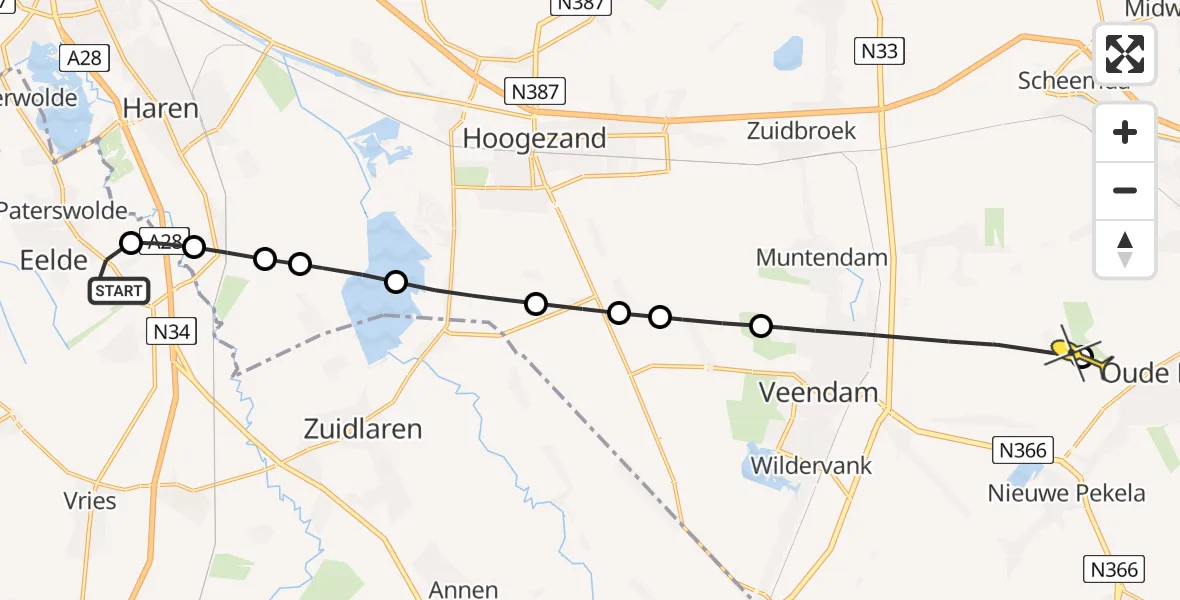 Routekaart van de vlucht: Lifeliner 4 naar Oude Pekela, Burgemeester J.G. Legroweg
