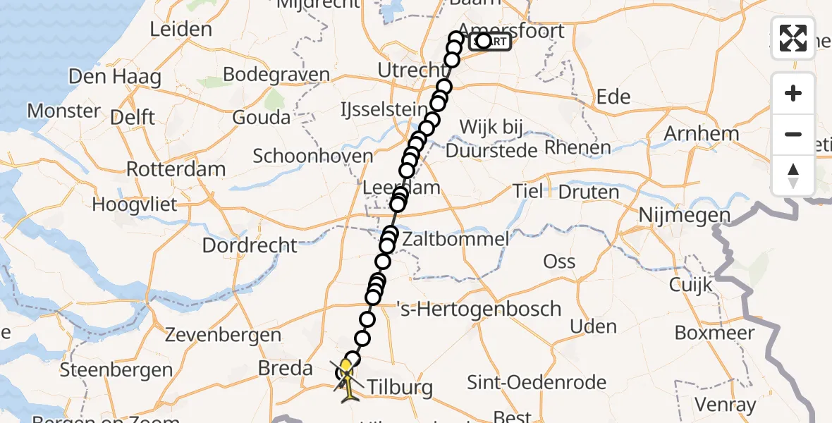 Routekaart van de vlucht: Politiehelikopter naar Vliegbasis Gilze-Rijen, Heezerspoor Oostzijde