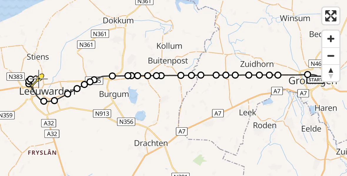 Routekaart van de vlucht: Ambulanceheli naar Vliegbasis Leeuwarden, Tjerk Bolhuisstraat