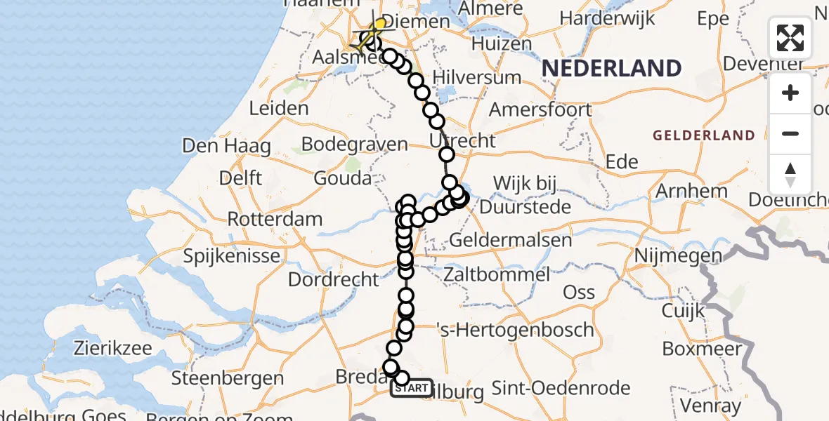 Vluchtroute Politiehelikopter van Vliegbasis Gilze-Rijen naar Schiphol