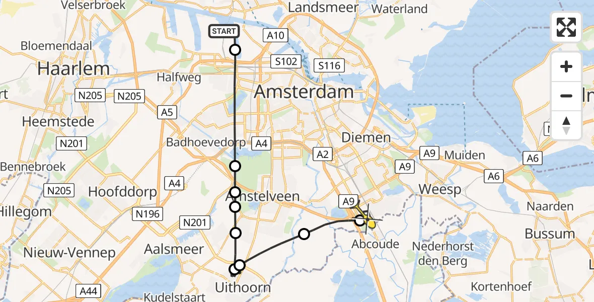 Routekaart van de vlucht: Lifeliner 1 naar Academisch Medisch Centrum (AMC), Kompasweg