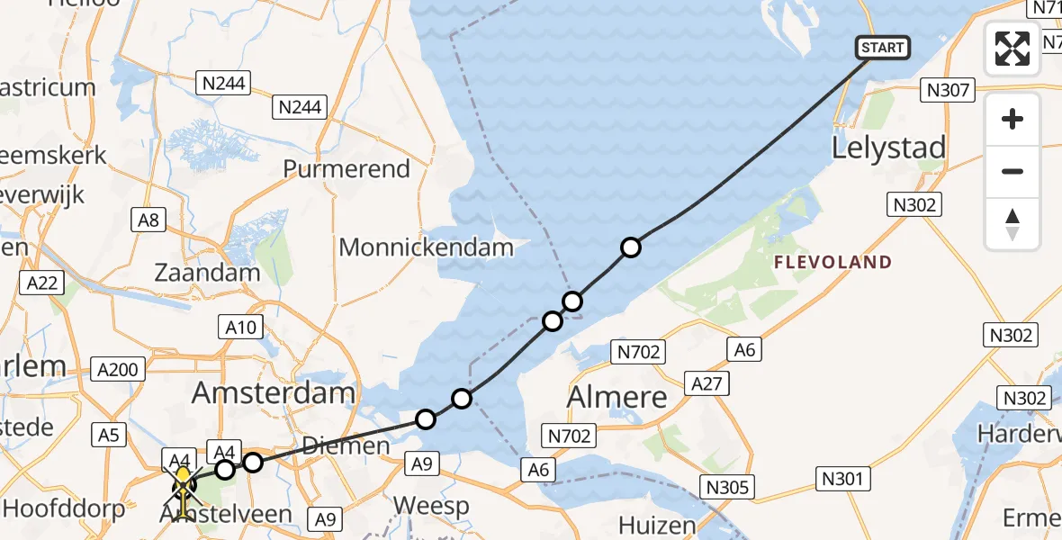 Routekaart van de vlucht: Politieheli naar Schiphol, IJsselmeer