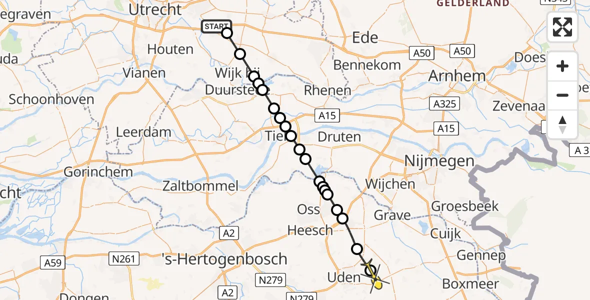 Routekaart van de vlucht: Lifeliner 3 naar Vliegbasis Volkel, Zeelandsedijk
