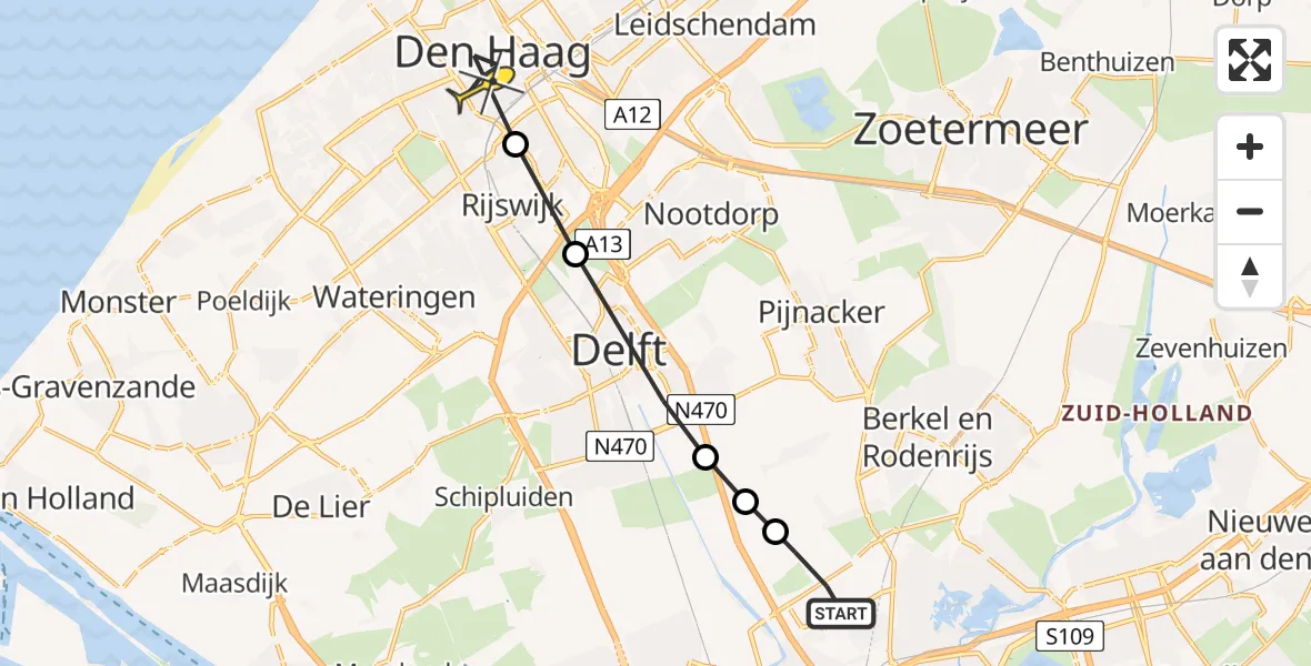 Routekaart van de vlucht: Lifeliner 2 naar Den Haag, Hofweg